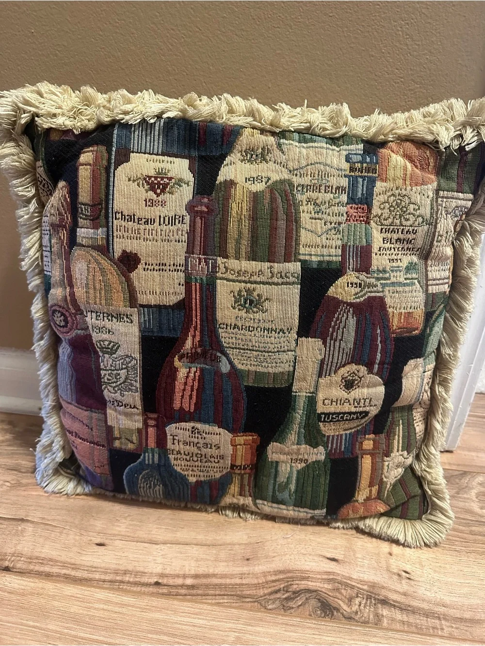 Vintage wine bottle tapestry throw pillow with frimge accent